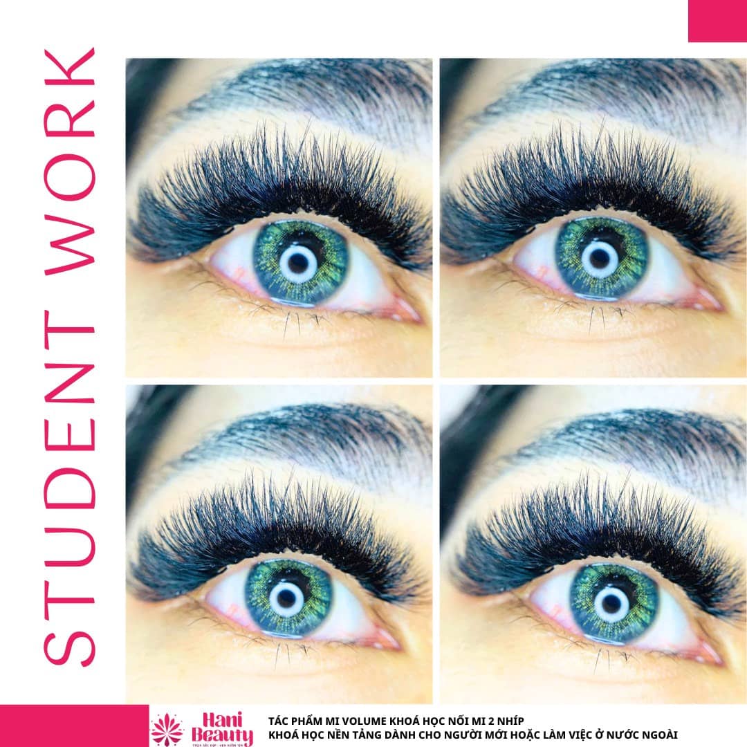 Học nối mi nâng cao tại Hani Academy, thực hành Mi Volume, 2D–6D, phối màu và trang trí trực tiếp trên khách.