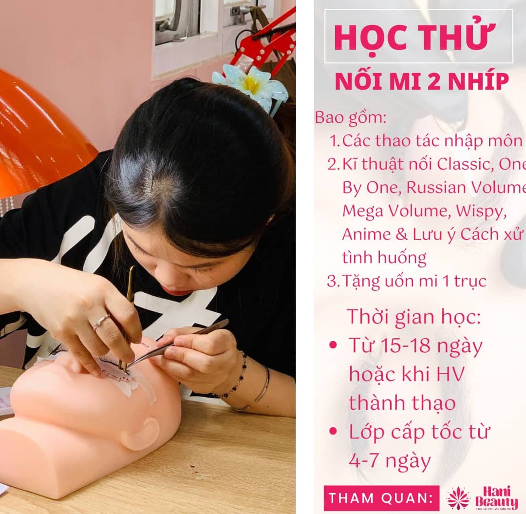 Học thử nối mi miễn phí tại Hani Academy giúp học viên trải nghiệm trực tiếp kỹ thuật, đánh giá tay nghề và môi trường đào tạo.